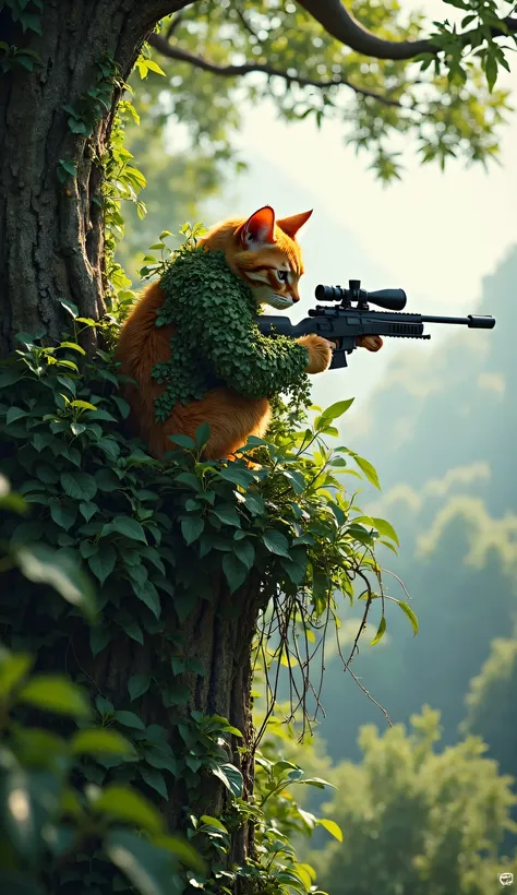 An orange-furred sniper cat in a leafy ghillie suit perches on top of a tall tree, stalking opponents with a mini sniper rifle equipped with a digital scope.