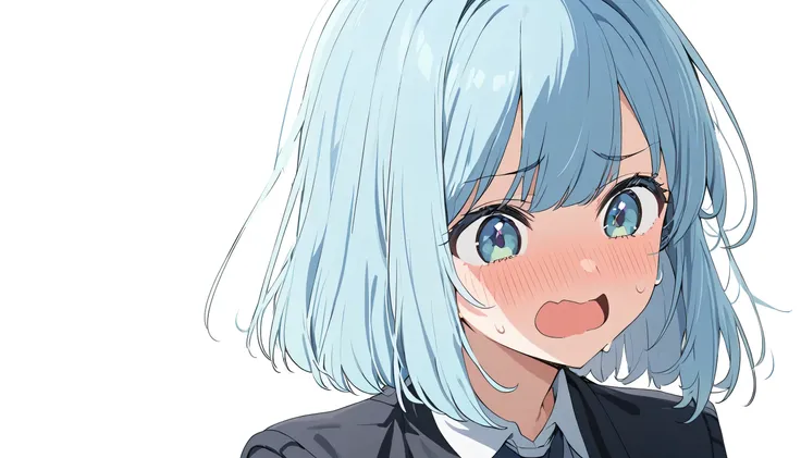 ultra high definition simple white background cute girl 　 light blue hair straight short haire　lementary school student solo　be flustered