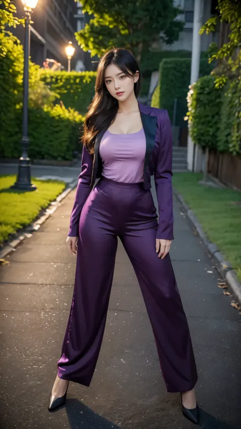 maestro, highest quality, high resolution, RAW photo, chubby face:1.1, sexy, highest quality, very detailed, very accurate, adult woman, (27 years old). A Korean woman with shoulder-length black hair, neatly dressed, wearing a tight violet shirt, tight vio...