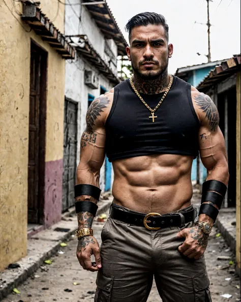 A 28-year-old Brazilian cartel enforcer with a massive, muscular build, broad shoulders, and tanned skin. His face is intense with a chiseled jawline, a thick beard, and piercing dark eyes. His short, cropped black hair is slightly unkempt, with a scar cut...