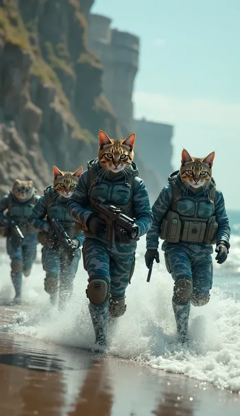 A team of cats in sea area camouflage uniforms, carrying tactical shields and small laser pistols charge into an enemy fortress heavily guarded by guard dogs.