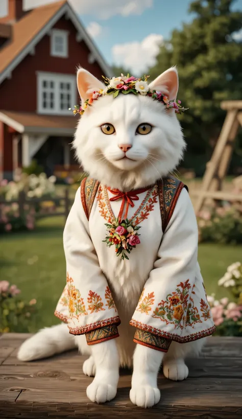 White cat wearing traditional Midsummer clothes with a flower crown, sitting on a wooden table with a typical Swedish red house in the background.