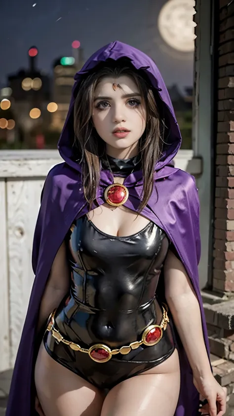 illustration of Raven from DC Comics,(Laura Marano), Raven, turtleneck, Black leotard, Black cape, hood, purple hair, forehead jeEmel, purple eyes, short hair, Belt, tight skin, standing, cleavage, toned, pose, night , moonlight, ((posing)), movement lines...