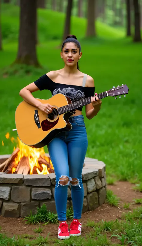 "A young woman with shoulder stands outdoors in a lush green forest, playing an acoustic guitar. She is wearing a stylish off-shoulder black crop top with a printed design, fitted blue ripped jeans, and red sneakers. A campfire burns behind her, with neatl...