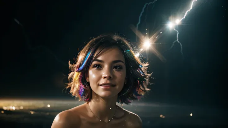 1 girl, smile, iridescene, dramatic angle, space, (floating colorful sparkles:1.3),dramatic,lightning,chiaroscuro,evocative depth