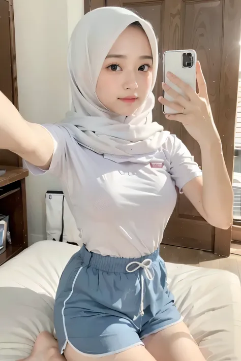 1 girl, school girl wearing hijab (Hijabi), 18 yo, slim body, proportional body, indonesin girl, hijab girl, in bedroom, selfie, looking at camera, mirror selfie, t shirt, short sleeve shirt, beautiful, cute face, perfect face,skin cute expression, very sh...