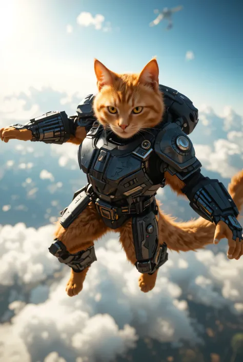 A orange cat in combat armor with a jet rocket on its back shoots into the sky, performing aerial maneuvers in a military exercise.