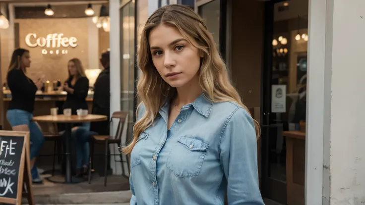 ((high quality)), ((masterpiece)), very good colors 8k ultra HD --ar 16:9 --in 6.0 Show a young woman in her 30s with blond wavy hair, dressed in a light blouse and jeans. She stands outside the coffee shop and looks determined, seems to be protecting some...