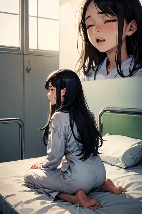 (best quality,4k,high resolution,masterpiece:1.2), A 14-year-old girl is kneeling, on a hospital bed, trembling, weeping, back view, being shocked,being very scared, being surprised, crying, a photorealistic cute girl with long black hair, wearing white pa...