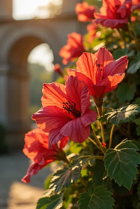 A close-up of vibrant red flowers blooming on a lush green vine, bathed in warm sunlight. The delicate petals are slightly curled at the edges, with intricate details of their texture and tiny droplets of morning dew. Soft shadows play on the surrounding l...