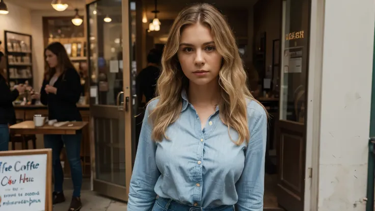 ((high quality)), ((masterpiece)), very good colors 8k ultra HD --ar 16:9 --in 6.0 Show a young woman in her 30s with blond wavy hair, dressed in a light blouse and jeans. She stands outside the coffee shop and looks determined, seems to be protecting some...