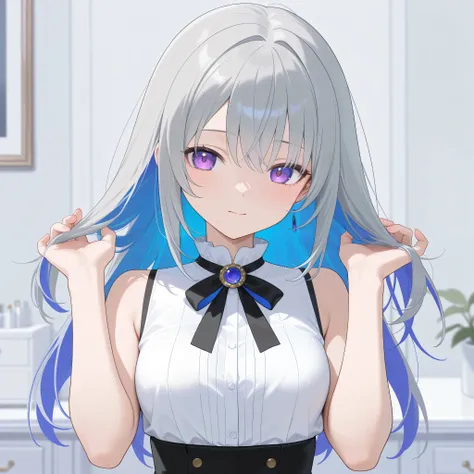  one girl,hands in hair,high waisted jumper skirt,sleeveless, jewelry,Gray Hair,blue inner hair color, purple eyes,is facing this,smaller breasts,high resolution,vanity table, bust shot,Japanese illustration style, masterpiece,TOP QUALITY