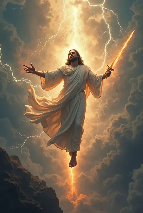 Jesus flying in the air in a sky filled with lightning light, raising a fiery sword  