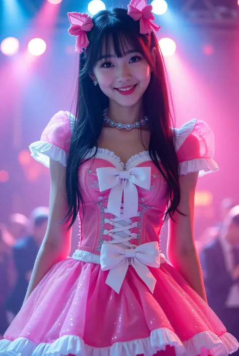Create a highly detailed, realistic image of a young woman with long, dark hair styled with two small pink bows on either side. She is wearing a vibrant and transparent shinning glossy pink short dress that has a layered, frilly design with white ruffled e...