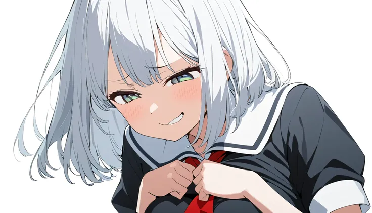 ultra high definition simple white background cute girl 　 light white hair straight short haire　lementary school student solo　 　push breasts together with elbows　smug face　I'm wearing clothes　I'm wearing clothes　I'm wearing clothes