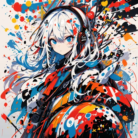 masterpiece, TOP QUALITY, 1 girl, Messy face　solo,  Little Red Riding Hood、gun、 bazooka、, (Doodle:1.5),  paint splatter, , Body Paint, Head tilt, boredom, Colorful hair,  light blue eyes,  Headset On Head,