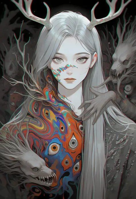 celestihan,deadpurity, abstract colors, monster, theme \(horror\), 1girl, solo, long_hair, looking_at_viewer, upper_body, grey_hair, grey_eyes, multicolored_eyes, antlers, colorful, abstract, depth of field, film grain, (chromatic aberration:1.15), very aw...