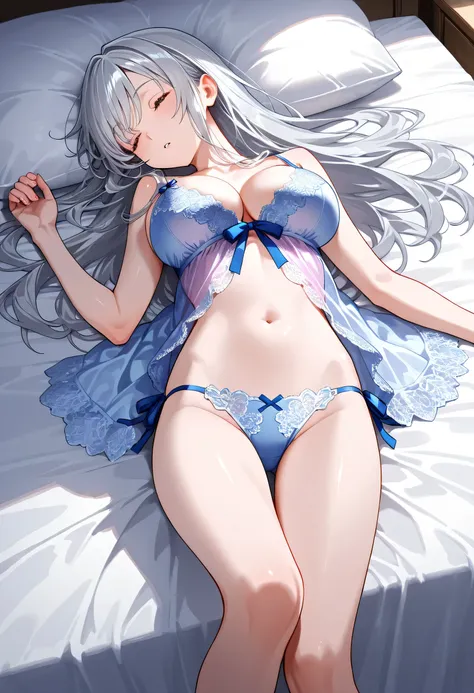 master piece,best quality,extremely detailed,nsfw,(pretty 1woman),sexy slender:1.2,(middle breasts),{metallic silver hair:1.2},(sleeping),(lying,on back),(close legs),((close eyes)),(ultra detailed,various colors,sexy.silk lace baby doll),(bed room),(on be...