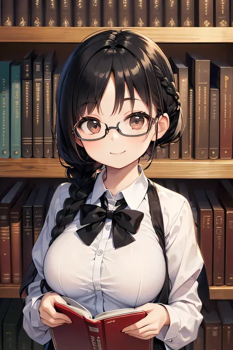 high quality,
((((Petite:1.5)))),,(black hair:1.5),(braid hair:1.5),(huge breasts:1.5),,(smile:1.5),
(school library:1.5),(wear glasses:1.5)