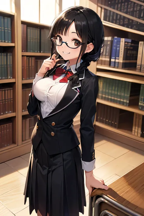 high quality,
((((Petite:1.5)))),,(black hair:1.5),(braid hair:1.5),(big breasts:1.5),,(smile:1.5),
(school library:1.5),(wear glasses:1.5)