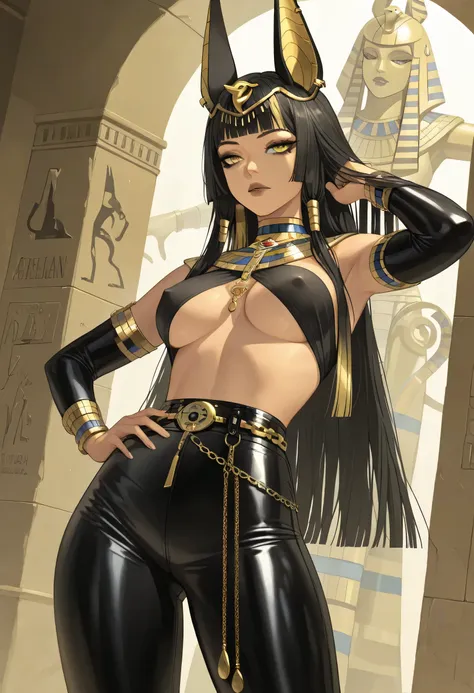 celestihan,masterpiece, best quality, good quality, very aesthetic, absurdres, newest, 1girl, medium breasts, jackal ears, long hair, black hair, blunt bangs, gold highlights, yellow eyes, black eyeliner, criss cross top, tight leather pants, chain belt, u...