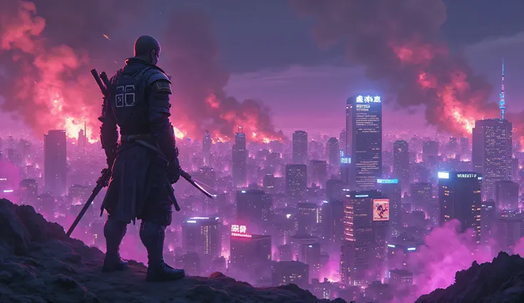 In a dystopian reimagining of Tokyo, where ancient temples meet futuristic skyscrapers, a lone hero stands amidst chaos. Dressed in a fusion of traditional samurai armor and cybernetic enhancements, he gazes resolutely at a city ablaze with purple flames. ...