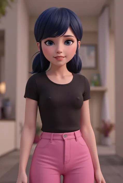 1girl, Solo, High Resolution, Masterpiece, Anatomically Correct, Accurate, real proportions, detailed skin, detailed face, Best Quality, real life style, black hair, blue eyes, tween, black t-shirt, pink pants