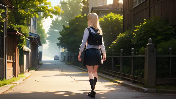 8k resolution, anime style, detailed rendering, hyperrealistic,  a young schoolgirl with long, straight, light blonde hair, wearing a crisp white collared shirt with long sleeves, a black vest with a perfectly tied red bow, a black pleated skirt above knee...