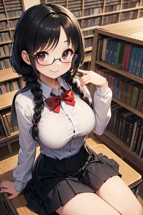 high quality,
((((Petite:1.5)))),,(black hair:1.5),(braid hair:1.5),(huge breasts:1.5),,(smile:1.5),
(school library:1.5),(wear glasses:1.5)