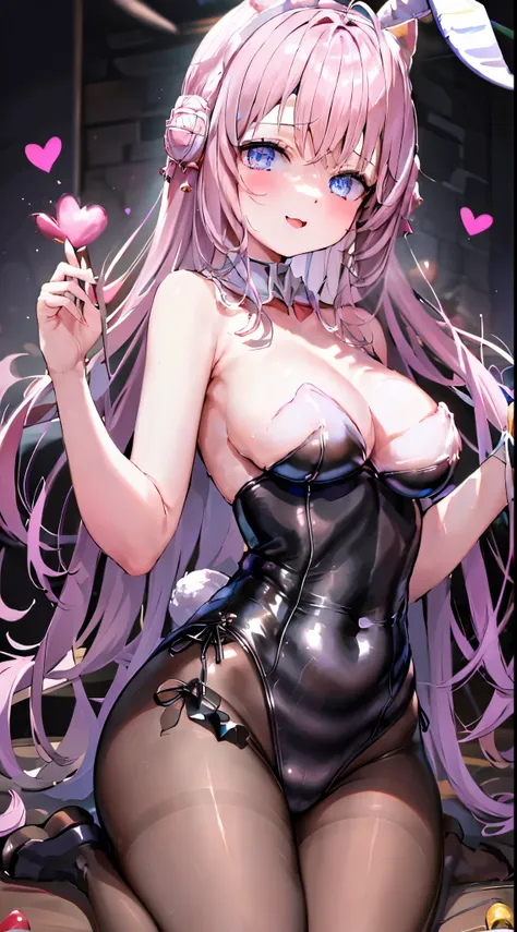 (8k、 Best Picture Quality、 TOP QUALITY 、​masterpiece)、  1 girl、 smile、 pale blue eyes 、Pink cat ears、 beautiful face、Bright eyes 、Eye　these small breasts 、(  black tight playboy bunny)、Bunny ear headgear、 make hearts with hands 、 Heart Hand、night、 dark bas...