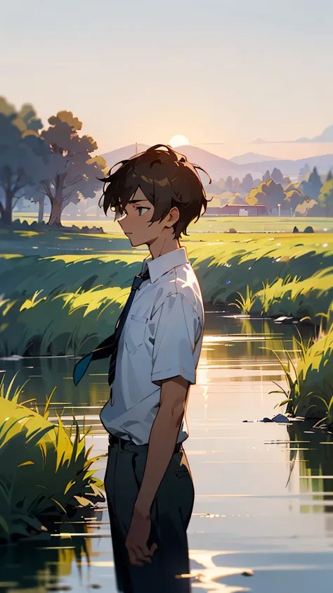 “A high school boy, , with a lean build and lightly tanned skin from working outdoors. He has short, slightly messy dark hair, with thoughtful eyes that reflect both determination and uncertainty. Dressed in a simple school uniform with a loosened tie, he ...