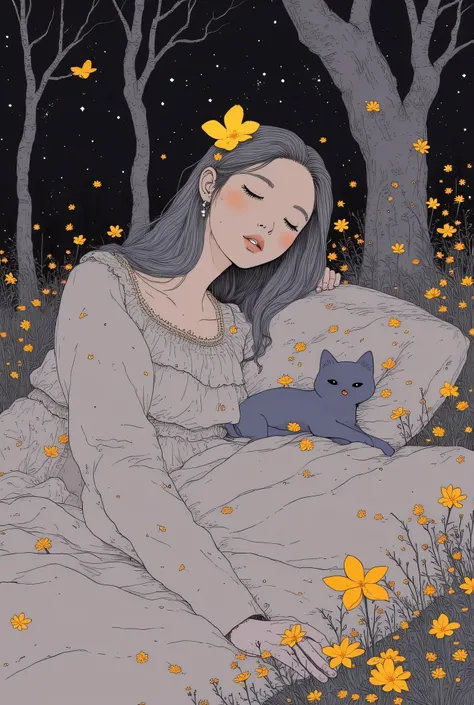 Realistic pretty girl and cute cat、 cute、Sleeping cat、Mysterious glow、This work is of the highest quality , Highly detailed features、The worldview where God lives
