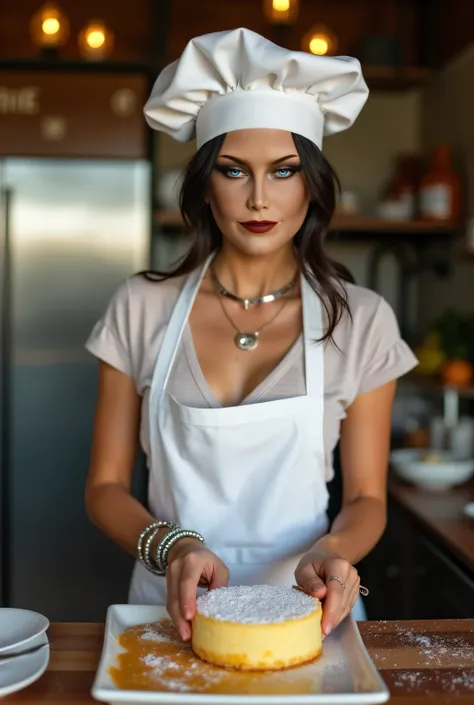  beautiful woman, blue eyes, black hair, Mexican cuisine kitchen hat color white, silver jewelry, white kitchen apron, Preparing a Milanese cake with their hands in a dining room in pure Mexican style, at a classic street food stand in Mexico, realism.