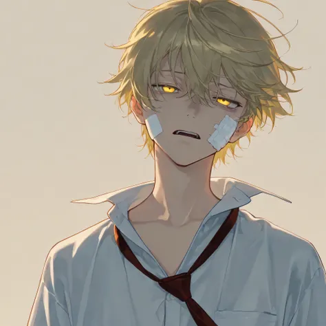 Masterpiece, best quality, ultra-detailed, high resolution, sharp focus, intricate details, vivid colors, clean outlines, refined rendering.

1boy, messy blonde hair, golden eyes, bandage on cheek, tired expression, half-lidded eyes, slightly open mouth, l...