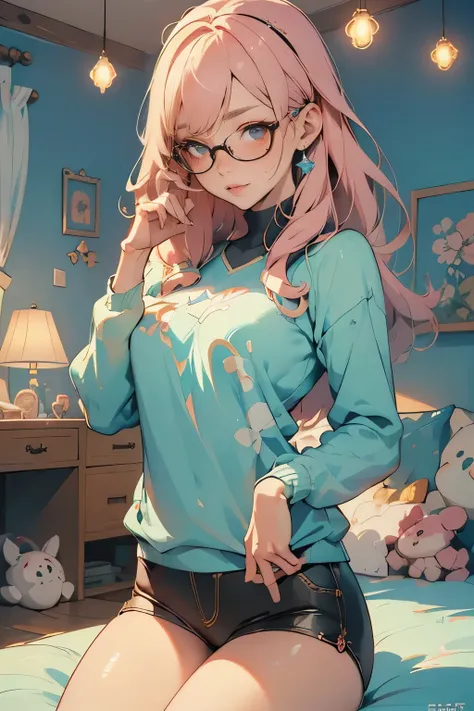 1 girl, video game player, anime enthusiast, holding playstation controller, wearing glasses, detailed facial features, beautiful eyes, elegant expression, cozy gaming room, decorative lights, soft pastel colors, warm lighting, vibrant colors, digital art,...