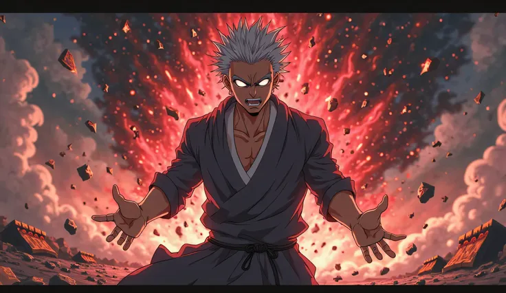 A furious anime character from Jujutsu Kaisen, eyes glowing with intense energy, surrounded by dark cursed aura. His face shows pure rage, veins visible on his forehead as he prepares for an intense battle. The background is chaotic, with shattered ground,...