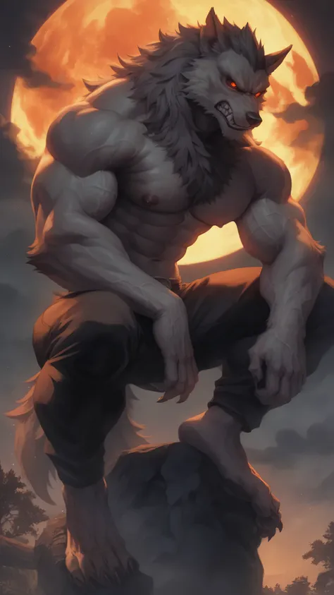 a drawing of a werewolf with a full moon in the background, muscular werewolf, a minotaur wolf, werewolf man, strong and imposing, werewolf?, handsome guy in demon slayer art, angry high moral sexy werewolf, muscular character, fire giant, by Yang J, muscl...