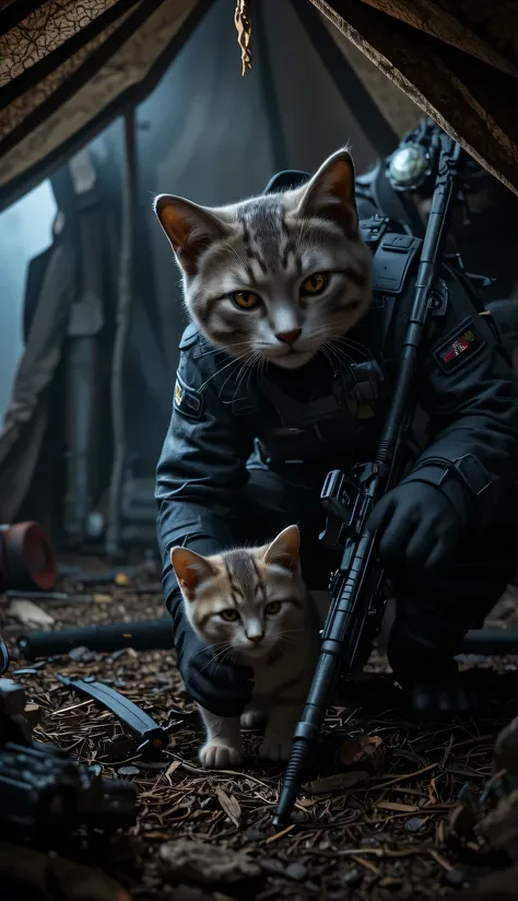 The  cats in a black commando uniform and tactical gloves sneaks into the enemy's tent, freeing a kitten held hostage.