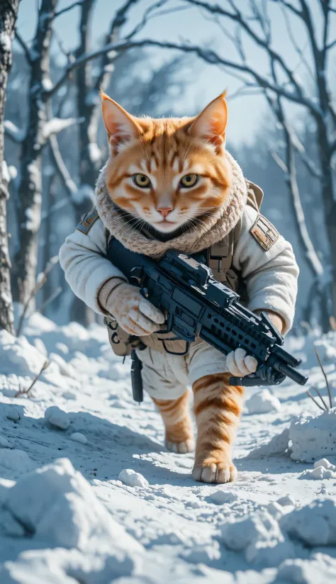 A orange cat in a white winter camo uniform, wool scarf, and furry tactical vest moves silently among the snowy trees, carrying a modern crossbow with ice bullets.