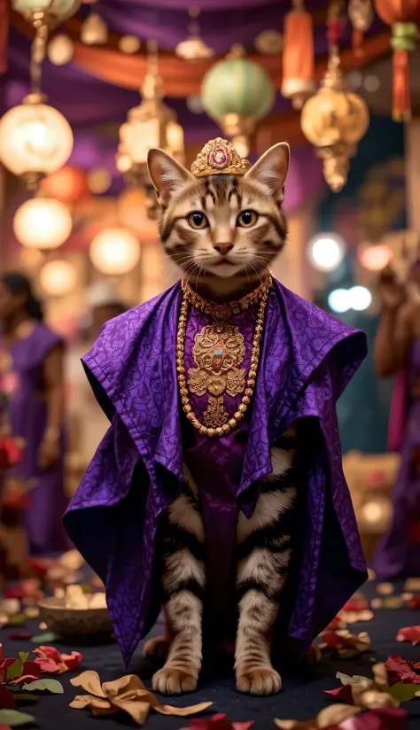 The white cats in a purple Agbada shirt and Fila hat, standing at a Yoruba wedding party with colorful decorations.

A striped cat