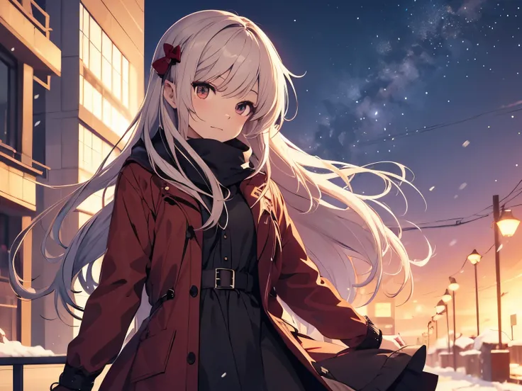 Anime girl character with  soft red flowing hair, and wearing a winter dress, with a background