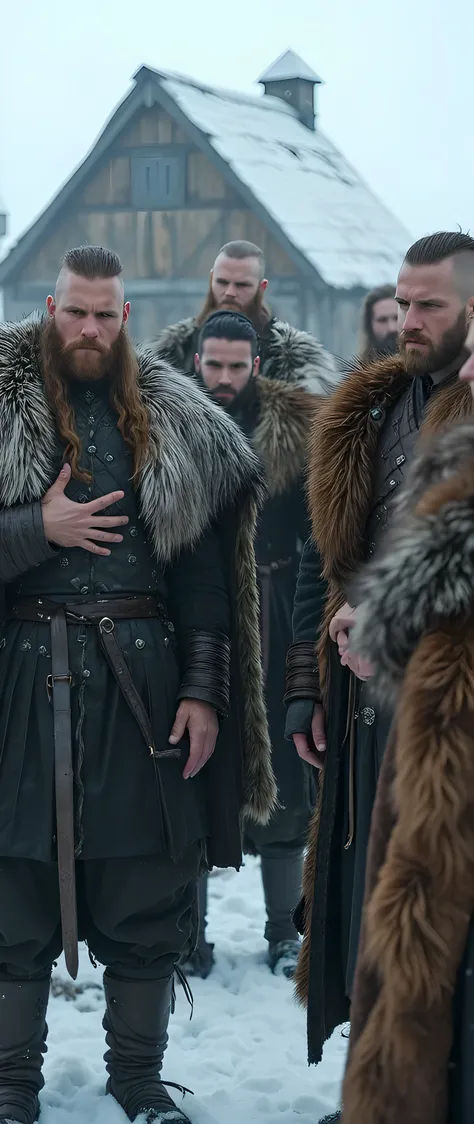 Depict a realistically detailed group of Vikings, full body, dressed in intricately designed fur coats, standing together with expressions of deep disappointment. The scene captures a snowy settlement, with an ancient Viking house in the background, showca...