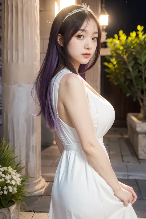 Big breasts, 1girl, ((Saori o-Athena)) with full breasts, Her hair light violet or purple, and her eyes are green. Her hair is quite long and abundant, She has a slim and curvy body, a delicate face and pink lips, long white dress, has a youthful appearanc...