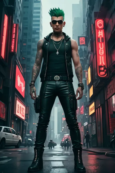 Cyberpunk: A young male gangster. Brown skintone. Green mohawk. Punk style. Wearing Leather pants and an a white tank top. Wearing chains. Looking rough and crazy. He is insane. Backrgound: A cyberpunk city in anarchie.