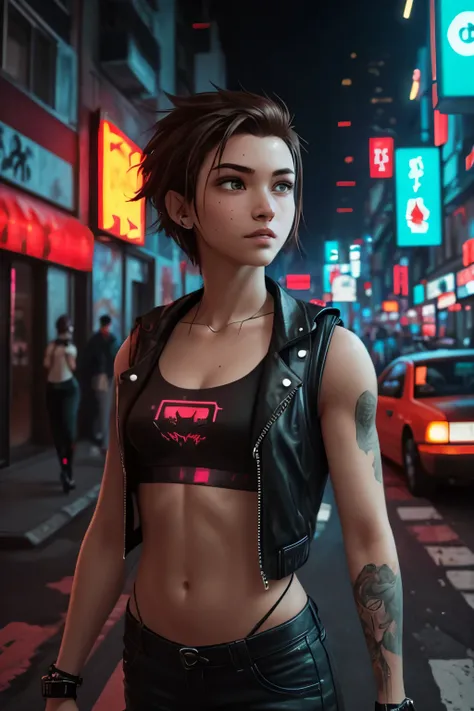 Cyberpunk: A cool androgynous female streetkid with a undercut. Looking androgynous. Tomboy. Smart. Funny. Happy. Confident. Extremly pale skin with freckles. A rather slim but athletic body. Tomboyish look. Small breasts. Flat chest. Very thin eyebrows. D...