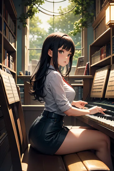 Rotraut Susanne Berner, Chiho Saito, jamese Jean, Rie Cramer, Seiichi Hayashi, Surrealism, strange, bizarre, fantastical, fantasy, Sci-fi, Japanese anime, library and printing technology, miniskirt beautiful girl playing the organ, perfect voluminous body,...