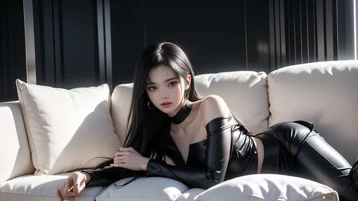 ((Girl lying on a sofa in a car ))、(( One Shoulder Black Leather Pant Suit ))、(( Black Leather Tight Miniskirt ))、(( sitting with legs crossed)) , high quality work 、Live-action film、 ultra premium graphics 、8K HD CG works、 High Quality Graphics 、High-defi...