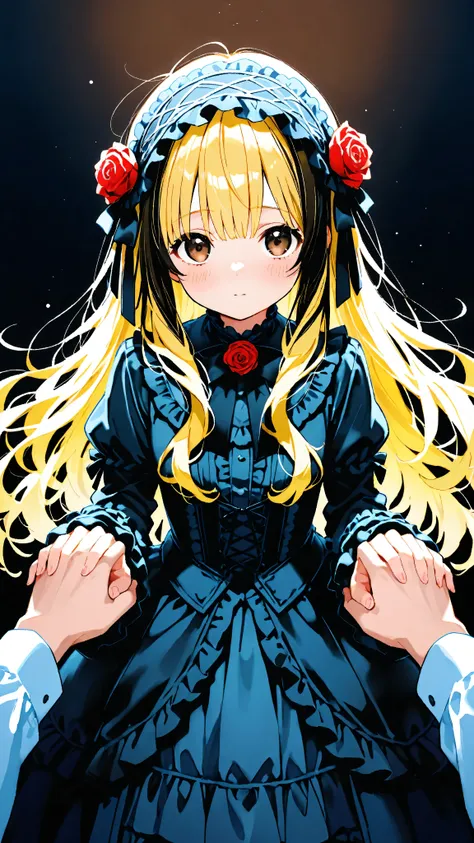   high quality，   long silvery hair， Messy Hair，
 brown eyes on the frame，cute eyes，   eyes with highlights，
  very young girl  ，   two girls holding hands ，
black gothic lolita  ，  黒いヘッドドレスをかぶっている ，
   dark room background ，red roses dancing two girls hol...