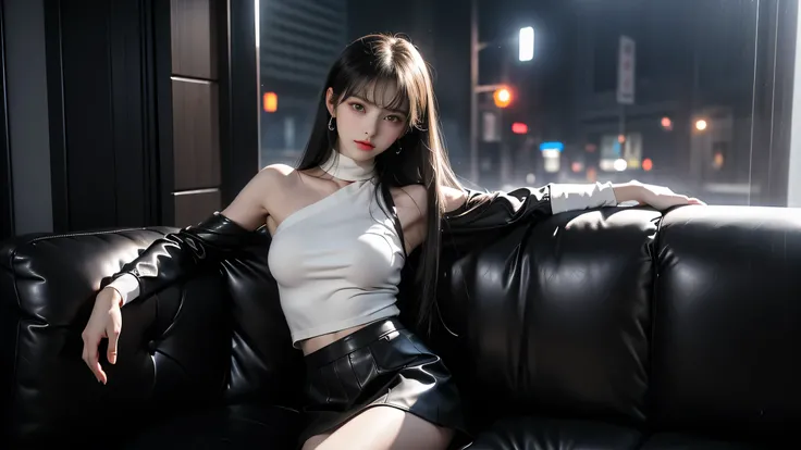 ((Girl lying on a sofa in a car ))、(( One Shoulder Black Leather Pant Suit ))、(( Black Leather Tight Miniskirt ))、(( sitting with legs crossed)) , high quality work 、Live-action film、 ultra premium graphics 、8K HD CG works、 High Quality Graphics 、High-defi...