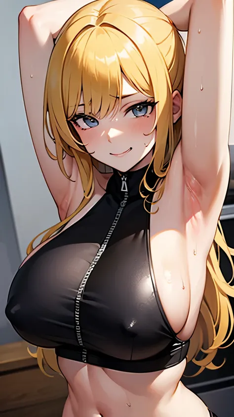 a picture of a woman with blonde hair, ecchi style, sweating intensely, webtoon, smug facial expression, extremly high detail, obsidian skin, gogo : :,, armpit,, unsettling image, 1 0, very very curly blond hair, armpits, smirk smile, g cup breast, big bre...